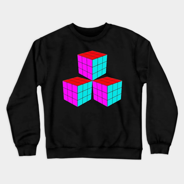 Three Rubik Cubes in a Triangle - Pink, Red and Light Blue Crewneck Sweatshirt by The Black Panther